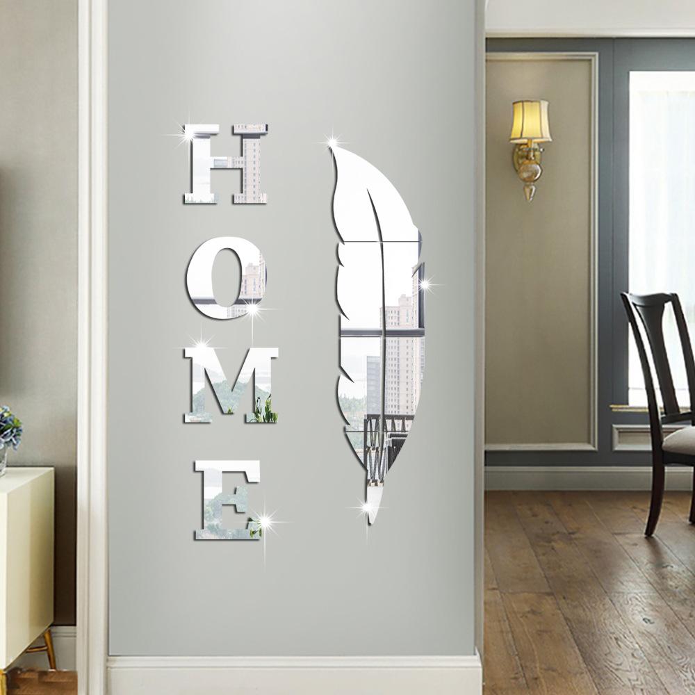 HOME Feather Mirror Wall Sticker Acrylic English Letter Self-adhesive Living Room Bedroom Creative Wall Sticker Wallpaper