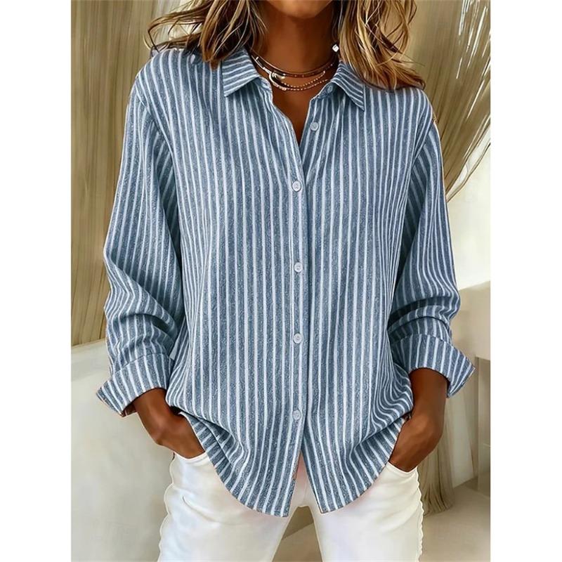 Fashionable Striped Vintage-Style Women's Long-Sleeve Shirt Comfortable And Breathable Collared Shirt Casual Everyday Wear Top