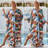 Lässige Boho Bikini Cover-ups Blattdruck Übergroßes Strand-Cover-Up Offene Vorderseite Langes Kleid Strandmode Für Damen