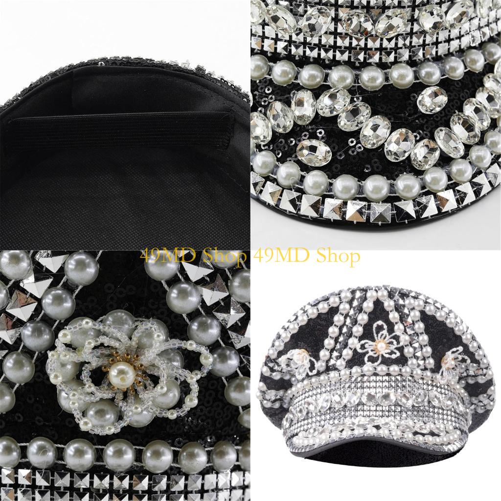 49MD Bride Captain Hat Crystal Sailor Hat for Male Female Dancing Comedian Actor CN