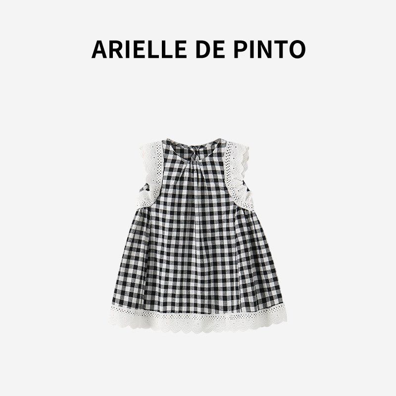 French Arielle De Pinto Girls  Summer Plaid Double-Layer Lace Trim Flutter Sleeve Dress Black and white plaid 90
