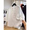 Summer New V-Neck Cotton and Linen Medium Sleeve Top Versatile Loose Versatile Casual Embroidered T-Shirt Femininity Short Sleeve