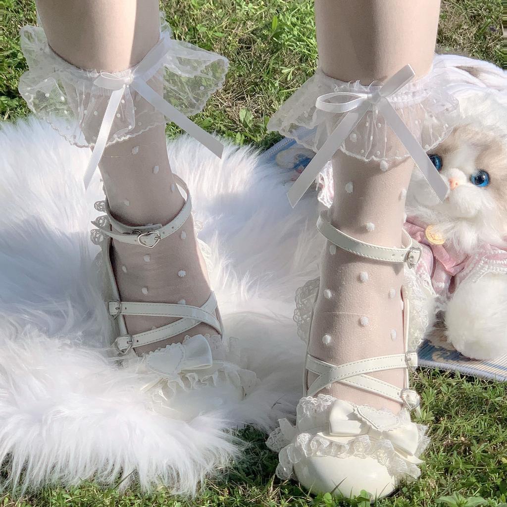 New Lolita Bowknot Polka Dot Mid-Calf Nylon Anti-Slip Socks Sweet Girl Summer Edition