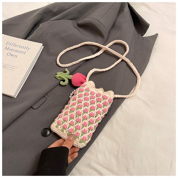 Handmade Crochet Tulip Phone Bag, Cute Color-Block Knitted Crossbody Purse for Women, Mini Shoulder Phone Pouch