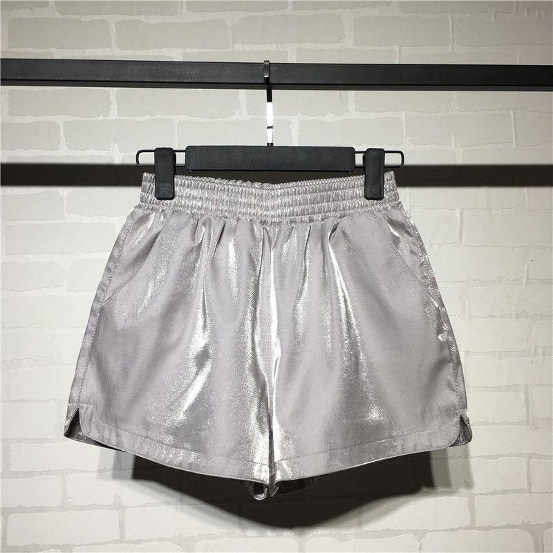 

Women s Shiny Elastic High-Waisted Ice Silk A-Line Shorts - Loose Wide-Leg for Spring/Summer S (around 42-50 kg) серебряный