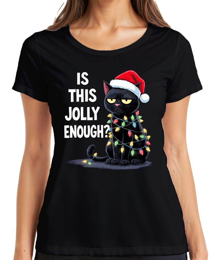 Is This Jolly Enough Christmas Cat Sarcastic Santa Hat Ladies TShirt