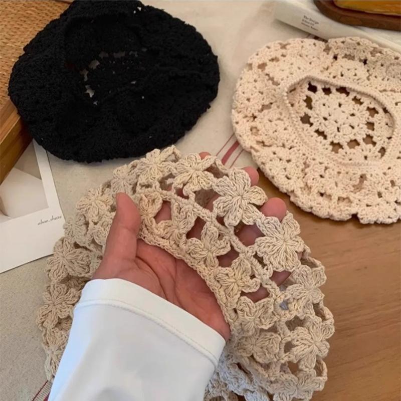 Japanese Retro Hollow Beret Women's Summer Thin Face Small Handmade Crochet Y2k Spice Girl Painter Hat
