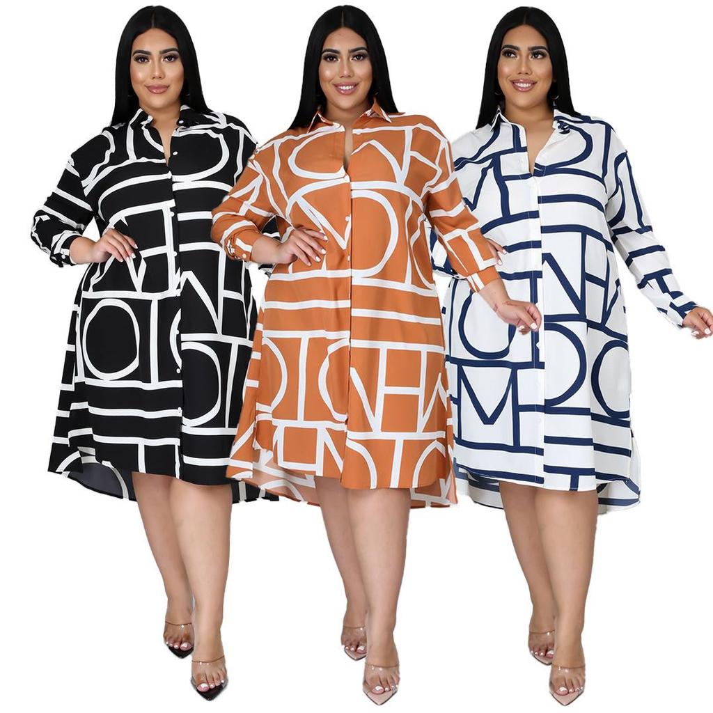 Plus Size Women's Printed Pleated Waist Dress - European and American Style