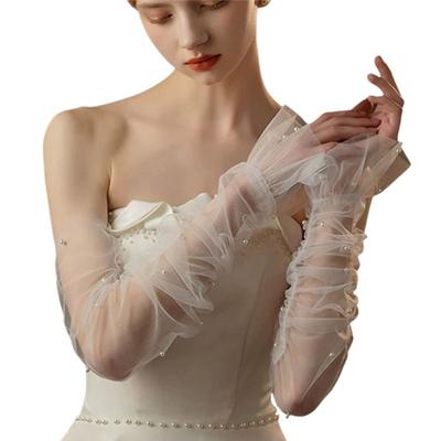 Versatile Fake Sleeves Cuffs White Ruffled Tulle Pearls Arm Cuffs  Women,Brides,Bridesmaid