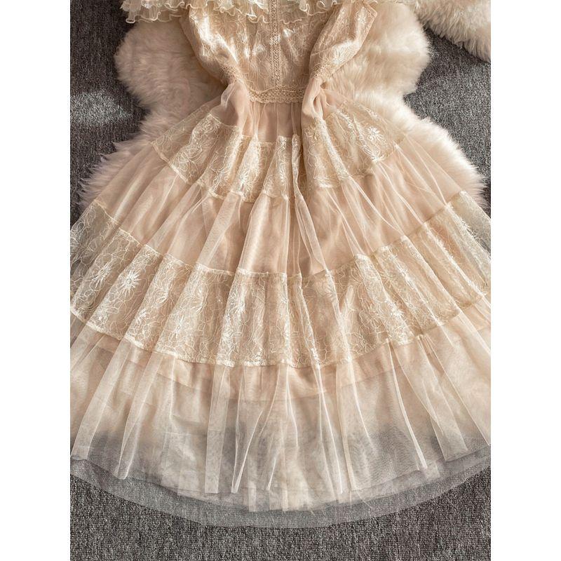 Stylish Mesh Long Dress Female 2024 Summer New Arrival Socialite Elegant Ruffle Sleeve Waist Trimming Short-Sleeved A- line Dress