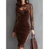 Elegant V-Neck Lace Patchwork Bodycon Dress with Sheer Long Sleeves