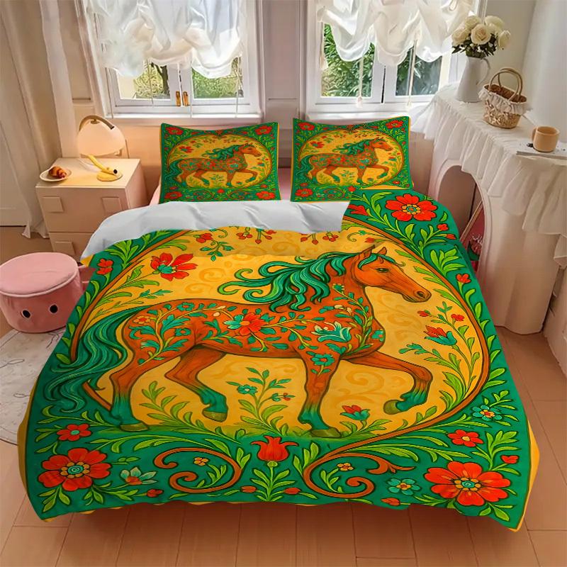 3PCs Horse Artwork Design Cover Set, Breathable Fabric, Machine Washable (1 Duvet Cover + 2 Pillowcases) (Without Quilt) yy250911121