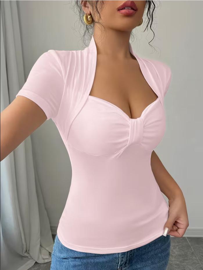 European Women's V-Neck Knit Top - Pure Desire Style, Short Sleeve T-shirt, 2025 Collection.