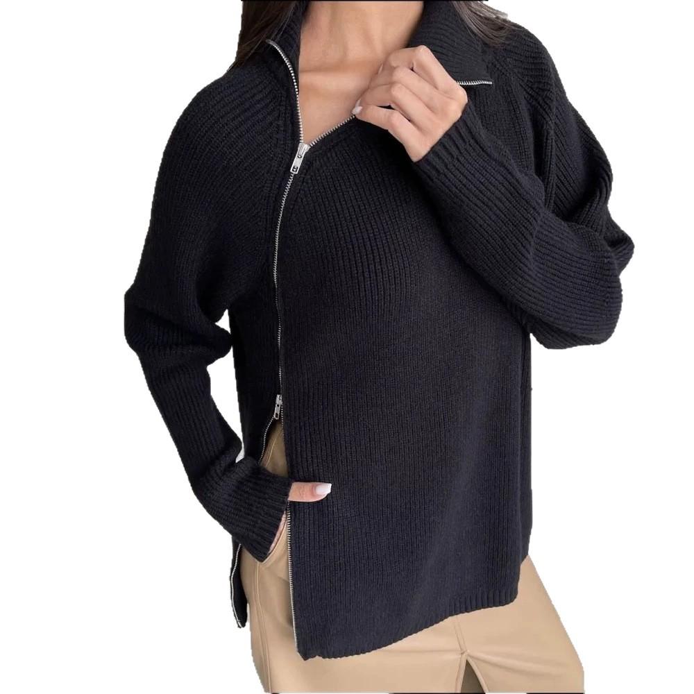 Europe, America and Russia knitted cardigan autumn and winter hot casual side zipper loose stand-up collar women's sweater jacket