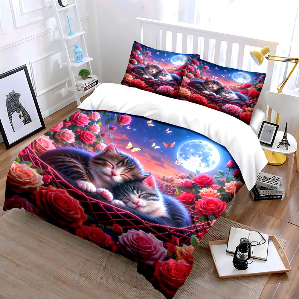 Romantic Cat-Themed Cozy Night Set  Kid'S And Adults' Bedroom Decor, Exquisite Three-Piece Bedding Set Gift
