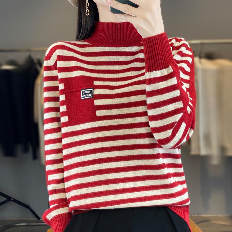Casual Plus Size Striped Knit Sweater – Slimming Half High Neck Loose Fit Top
