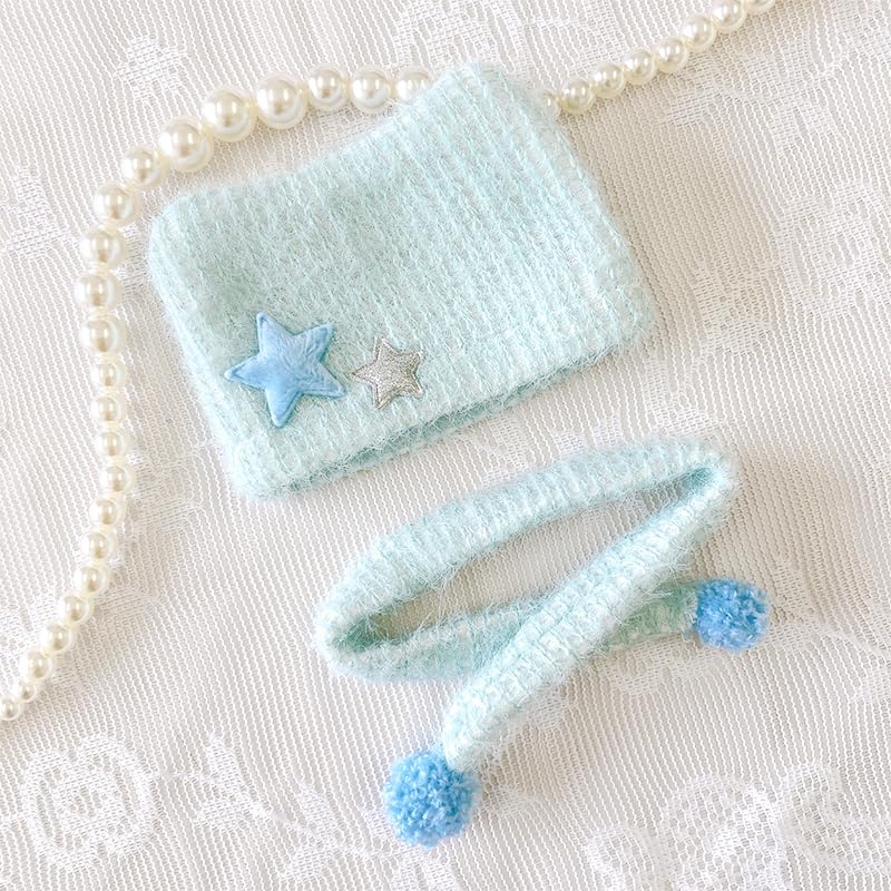 Pletená čepice s kočičími oušky a sada šály pro plyšové hračky (10 cm), Modrá, Použitý