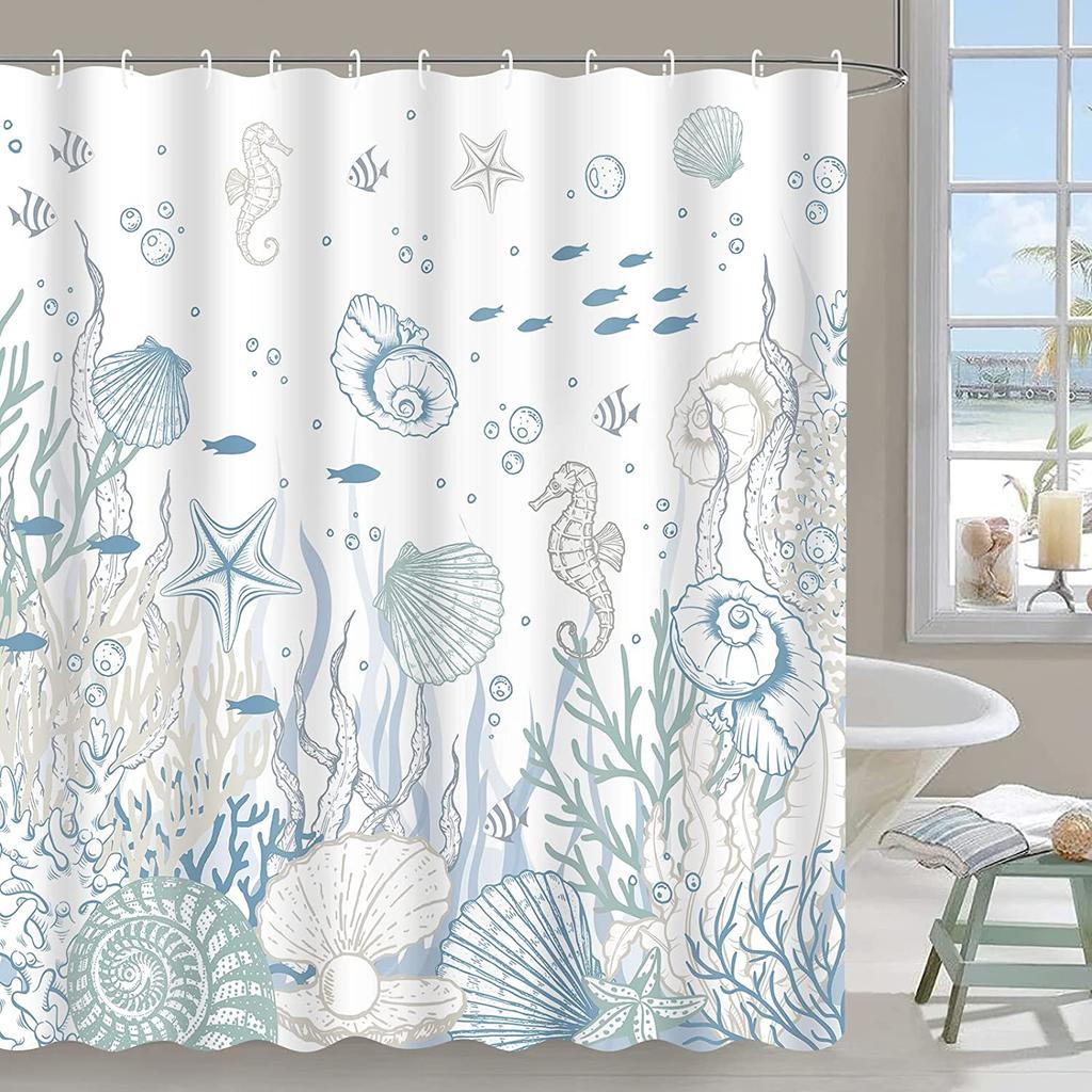 Nautical Coastal Shower Curtains Starfish Seashell Coral Reef Tropical Ocean Beach Marine Life Fabric Bathroom Decor with Hooks