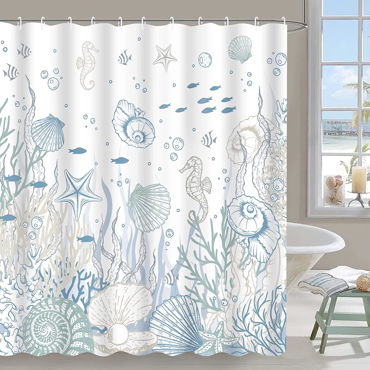 

Nautical Coastal Shower Curtains Starfish Seashell Coral Reef Tropical Ocean Beach Marine Life Fabric Bathroom Decor with Hooks 35x70inch-90x180cm