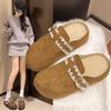 Thick-Soled Fleece-Lined Retro Birkenstock Women's Furry Round-Toe Slippers for Autumn/Winter