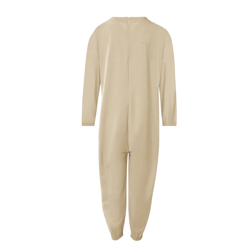 Women's Large Size Loose Casual Long Sleeve V-Neck Colour Pocket Jumpsuit