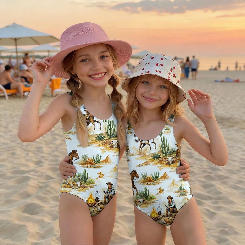 Girls One Piece Swimsuit Palm Tree Print Summer Beach Swimwear Lightweight Quick Dry Bathing Suit for Kids