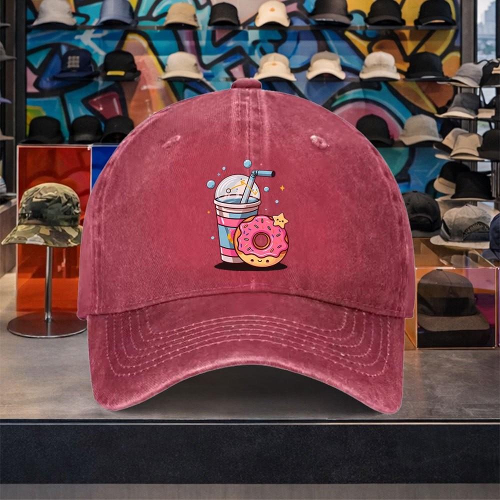 Cute Donut Drink Baseball Cap Washed Denim Adjustable Vintage Snapback Hat for Unisex