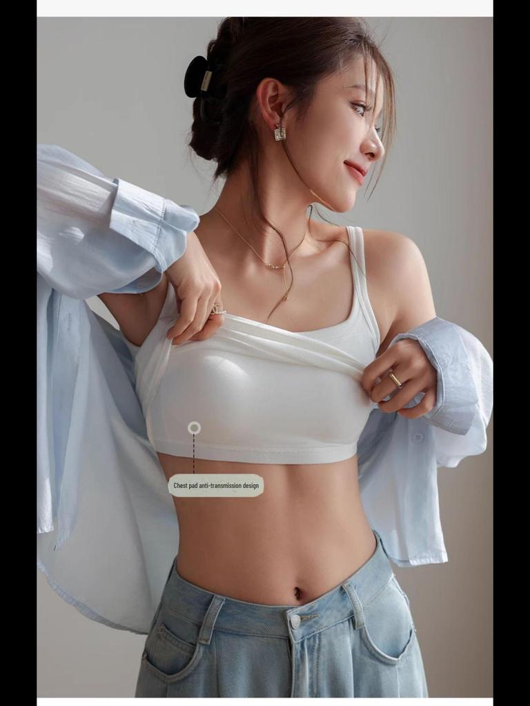 "Women's Summer Black Breathable All-in-One Vest Bra with Chest Pads and Suspenders"