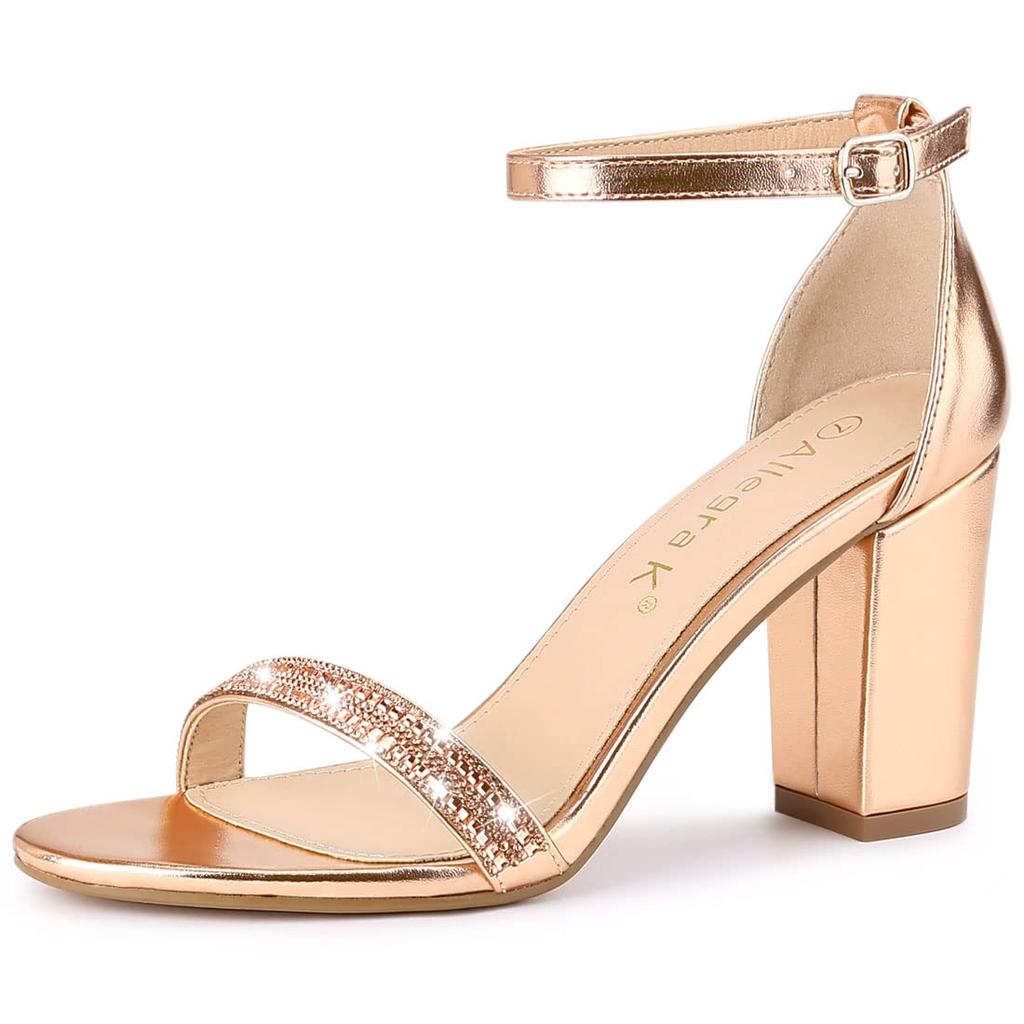 Allegra K Women's Rose Gold Ankle Strap Sandals with Rhinestones and Chunky Heels, Size 24.5cm