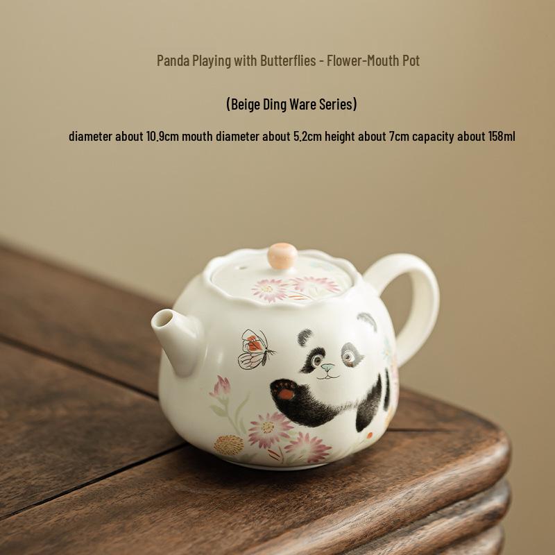 Panda & Butterfly Ceramic Teapot in Beige - Kung Fu Tea Set with Filter
