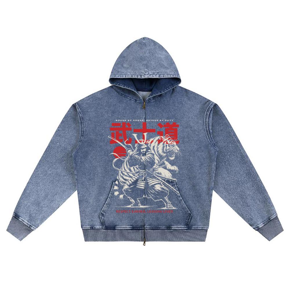 DTG print Knitted Denim Zip-Up Hoodie Bushido Legacy Brother Print Zipper Hoodies  