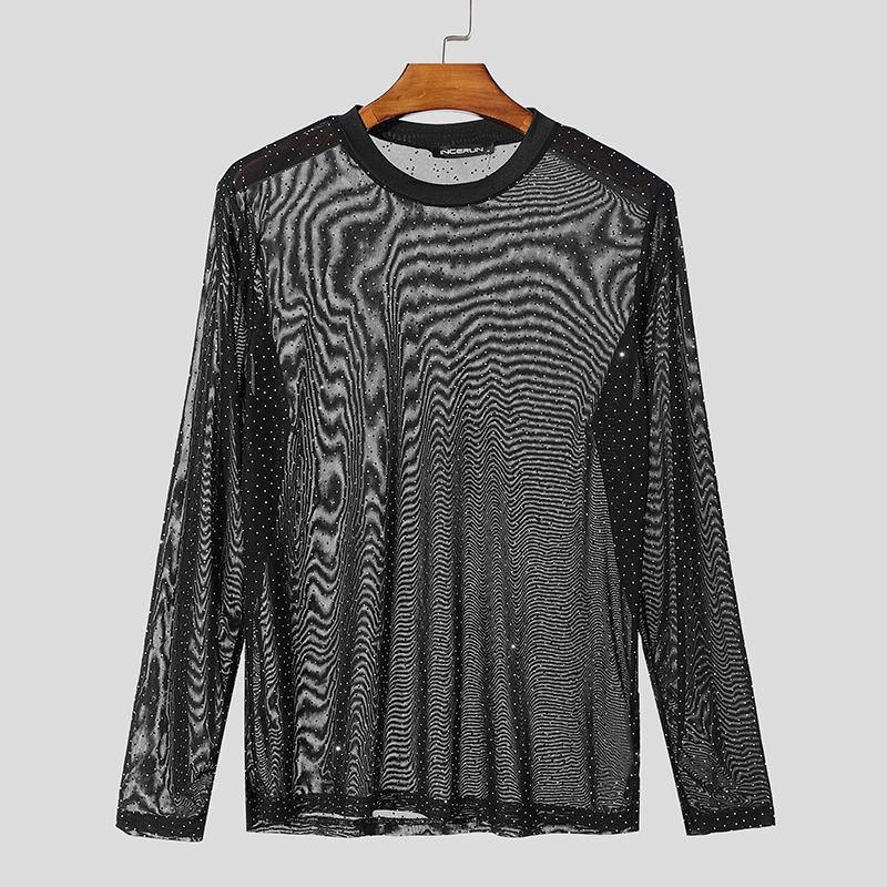 INCERUN Men Long Sleeve Mesh Sheer See Through Tops Skinny T-Shirts