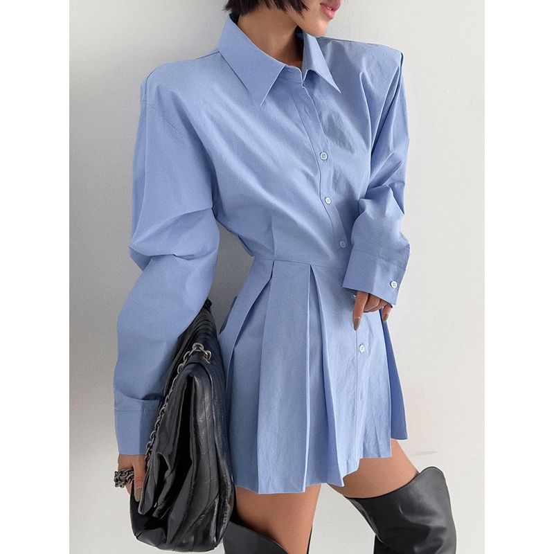 

European and American Women Shirt 2025 Summer Casual Long sleeve Waist Hugging Shirts Back Hollow out Top Blue S