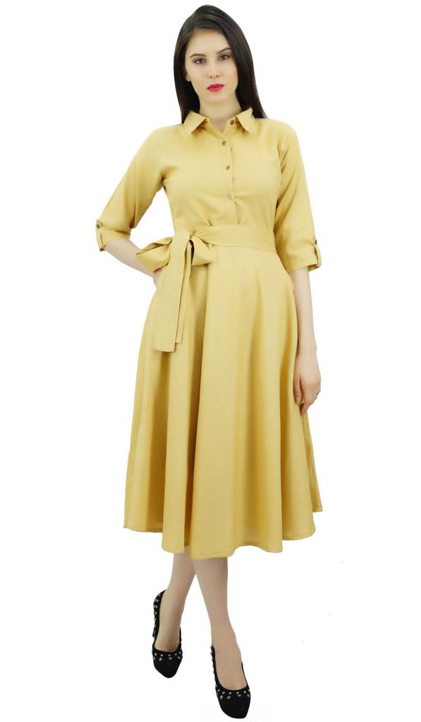 Bimba Women's 3 4 Sleeve Linen Collar Neck Solid Flared Shirt Dress with Side