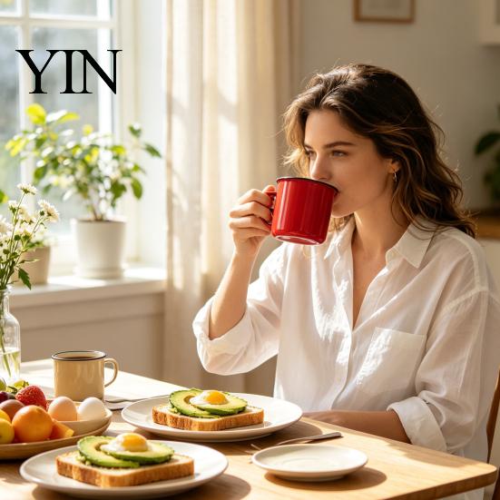 Nostalgic Table Decor Vintage Enamel Mug with Handle, Solid Color Heat Resistant Tea Cup Drinking Cup, Durable Portable Tableware for Home Kitchen Use