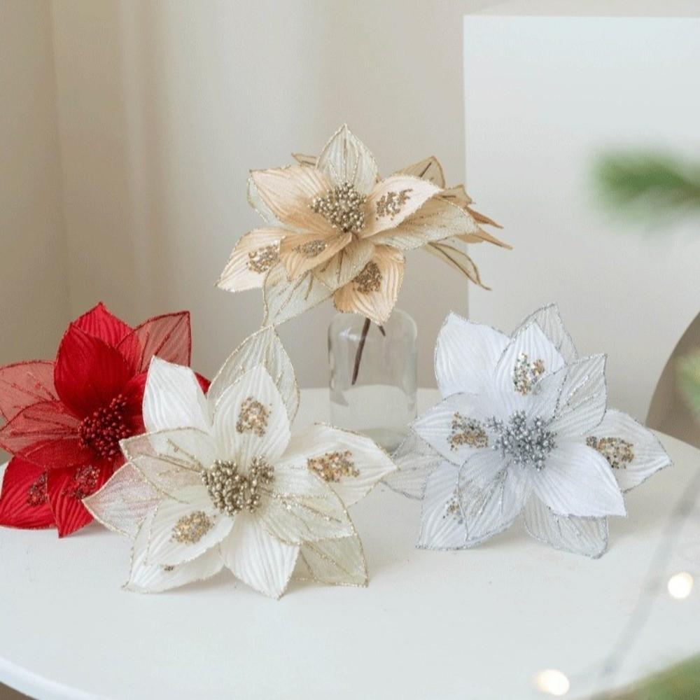 Realistic Glitter Christmas Poinsettia Velvet Christmas Tree Ornaments  Home Decor