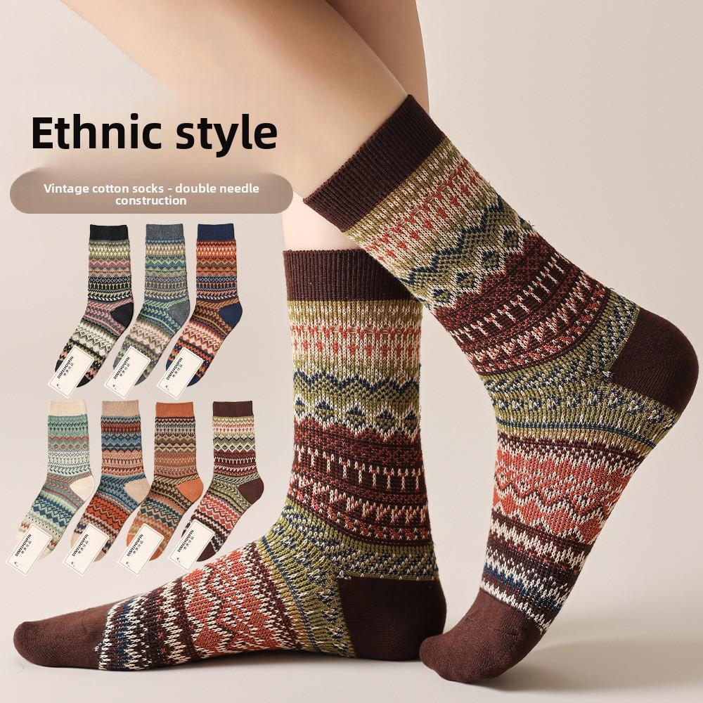 Mid-calf Socks, Thickened and Warm in Ethnic Style, Retro Double-needle Socks for Autumn and Winter, Long Socks, Thick Thread Pile Socks