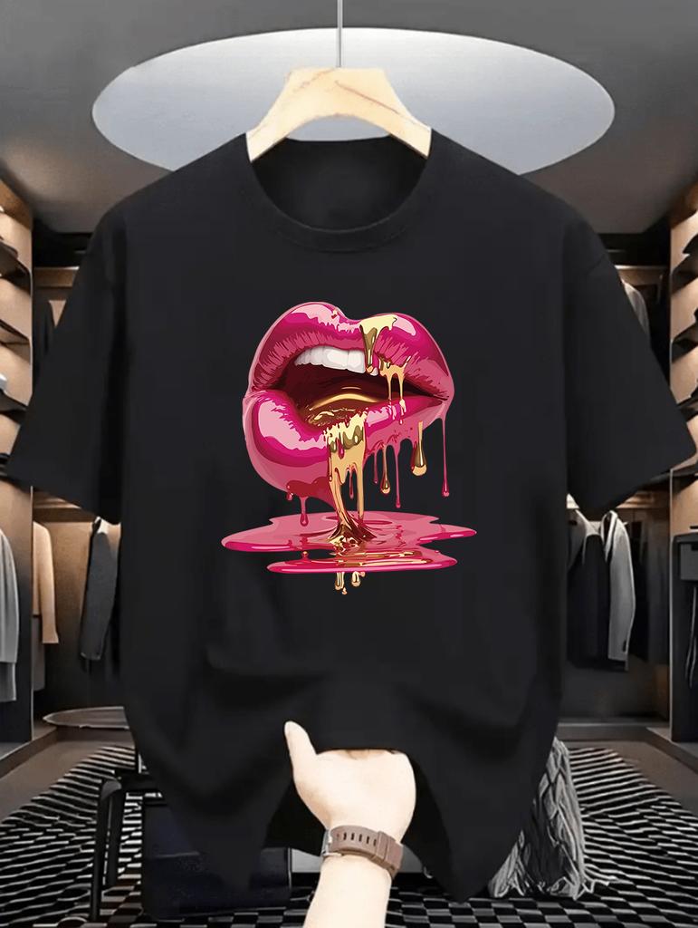 Unisex Summer Short Sleeve Tshirts Fashion Red Lips Finger Print Ladies Tshirts Top Cartoon Unisexs Graphic Tees Tshirts
