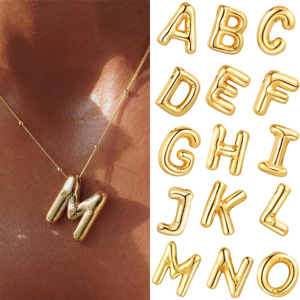 Gold Color Bubble Letter Necklace for Women Dainty Cubic Zirconia Balloon Chunky Initial Pendant Necklaces New Trendy Zircon A