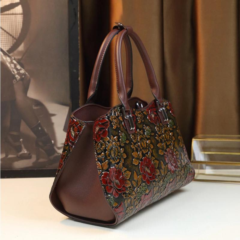 European and American Retro Flower Pattern Mature Women's Handbag Luxury PU Leather Tote Bag Commuter Bag