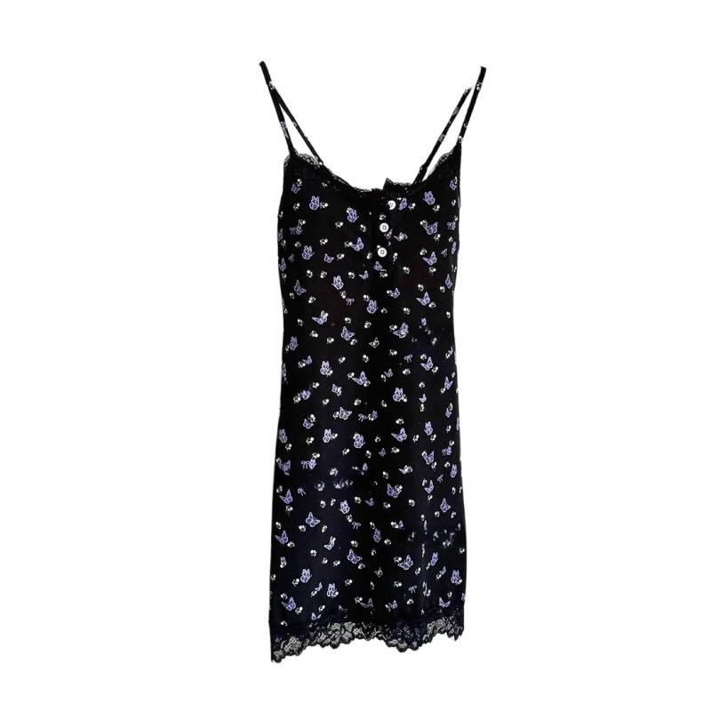Black Lace Butterfly Slip Dress with Breast Pads - Sexy, Super Short, Slim Fit Nightdress