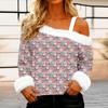 Women's Off-the-shoulder Plush Neck Printed Long-sleeved Pullover T-shirt Top