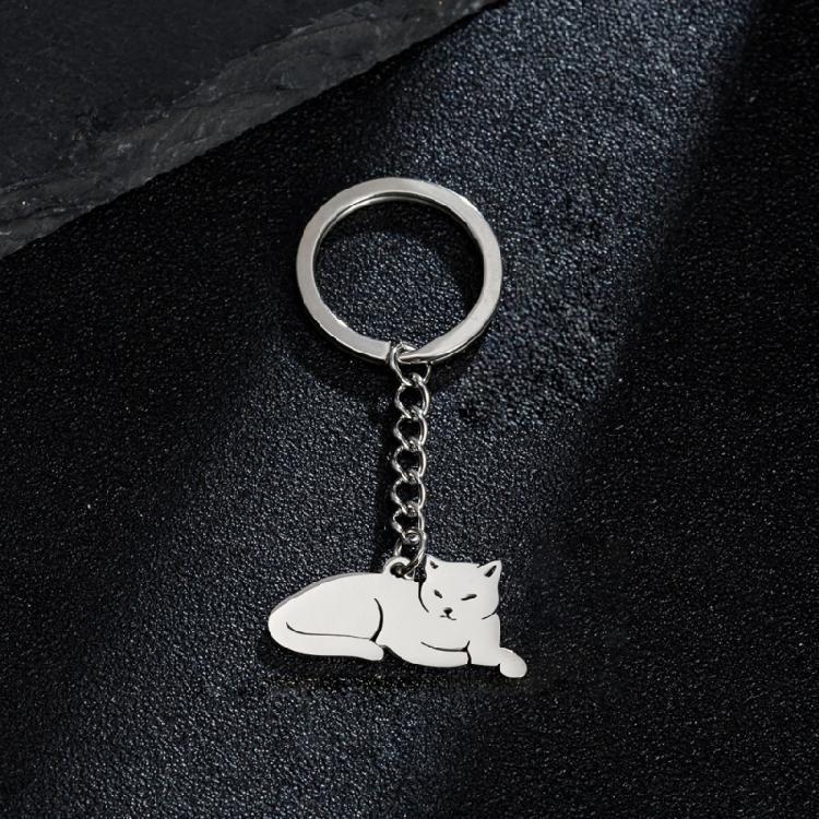 Playful Lovely Kitten with Elegant Charm Stainless Steel Keyring Charm Pendant Accessory Portable for Personalize Use