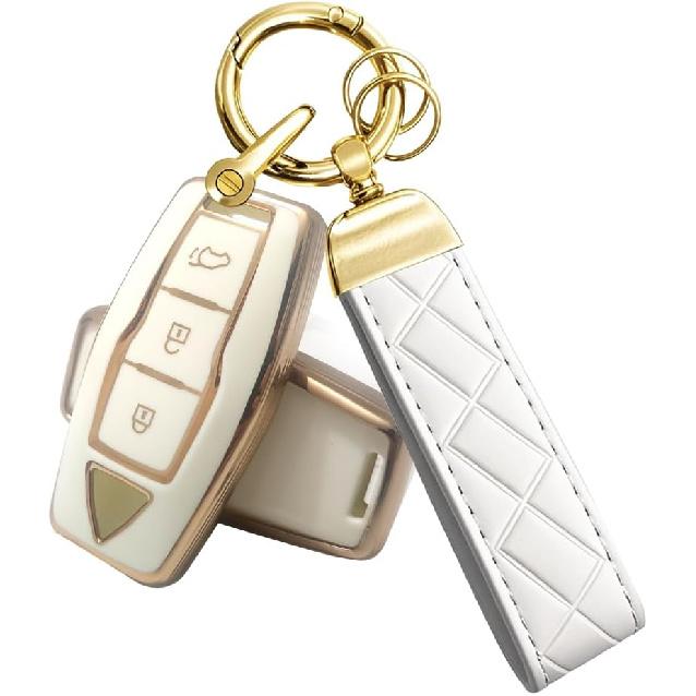 Car Key Fob Cover Compatible with Mitsubishi Outlander 2025 2024 2023 2022 Case TPU Protector Cover Keychain 4 Buttons Gold White