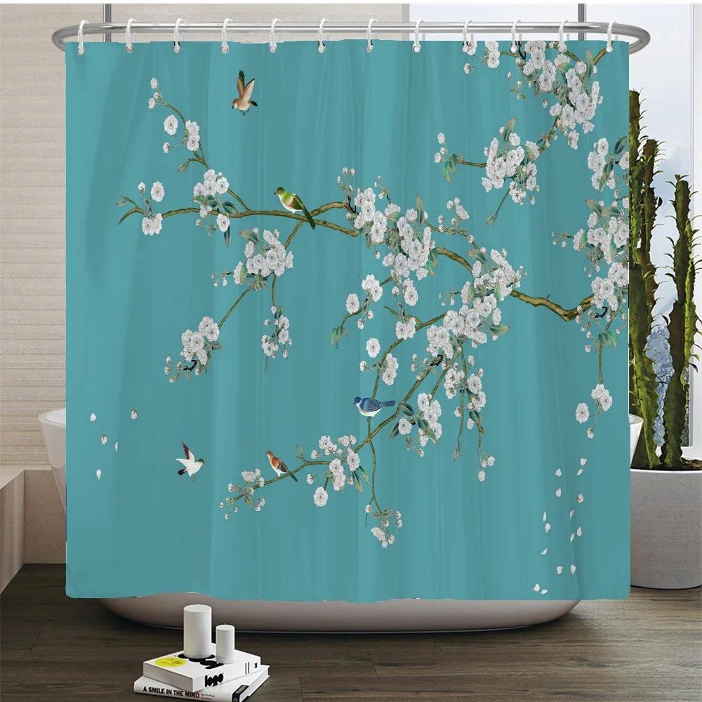 Plant Flowers and Birds Shower Curtain 180x180cm Floral Printed Shower Curtain Polyester Bath Curtain Bathroom Decor With Hooks