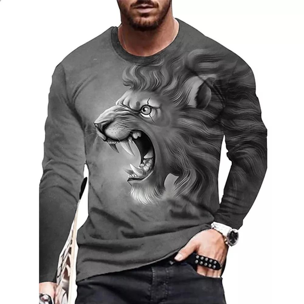 Long Sleeve Lion Abstract Pattern Mens Street T Shirt Spring Autumn 3d Animal Print Fashion T Shirt Street Loose Mens Casual Top