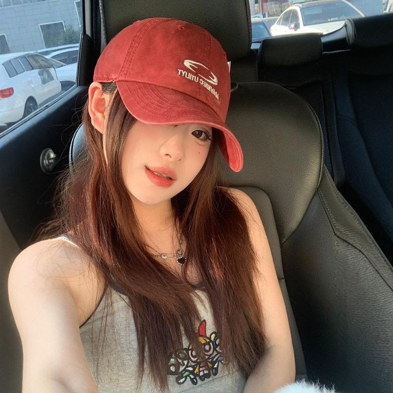 Letter Embroidery Red Soft Top Baseball Cap Women's Wide Brim Big Face Small Face Hat Big Head Circumference Peaked Cap