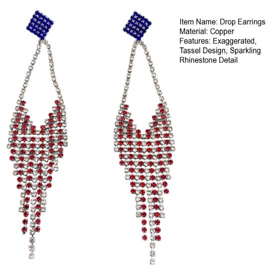 1 Pair Independence Day Tassel Drop Earrings Red Blue Rhinestone Sparkling Stud Earrings USA