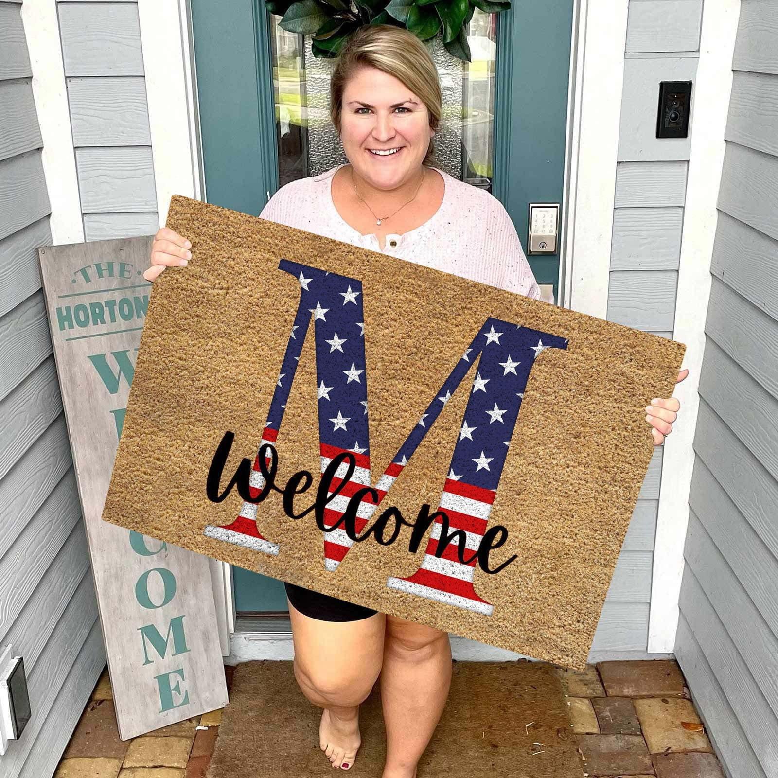 

Welcome Doormat Non Slip Floor Mat 40x60cm Patriotic American Flag Design Durable Indoor Outdoor Entry Rug One Size