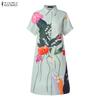 ZANZEA Women Casual Turn Down Collar Short Sleeve Print Shirt Dress